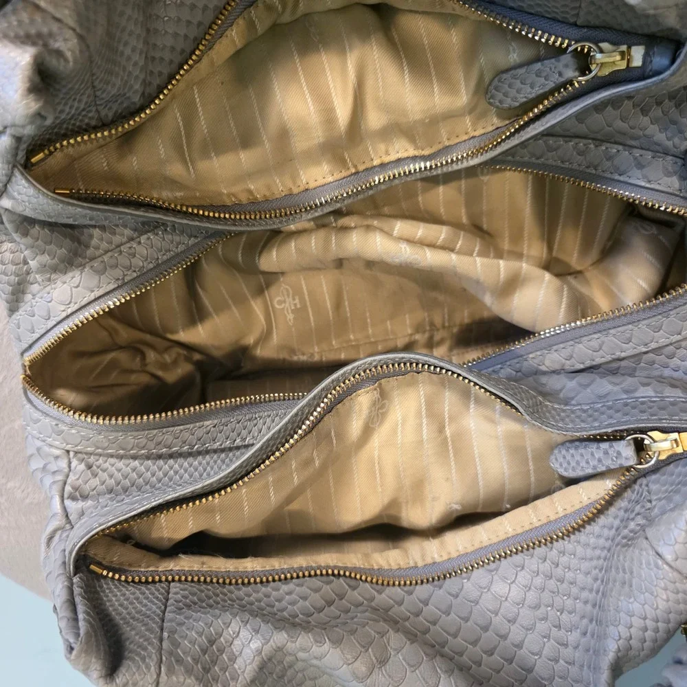 Cole Haan Genevieve Grey Snake Embossed Leather Satchel Shoulder Bag Gold Tags